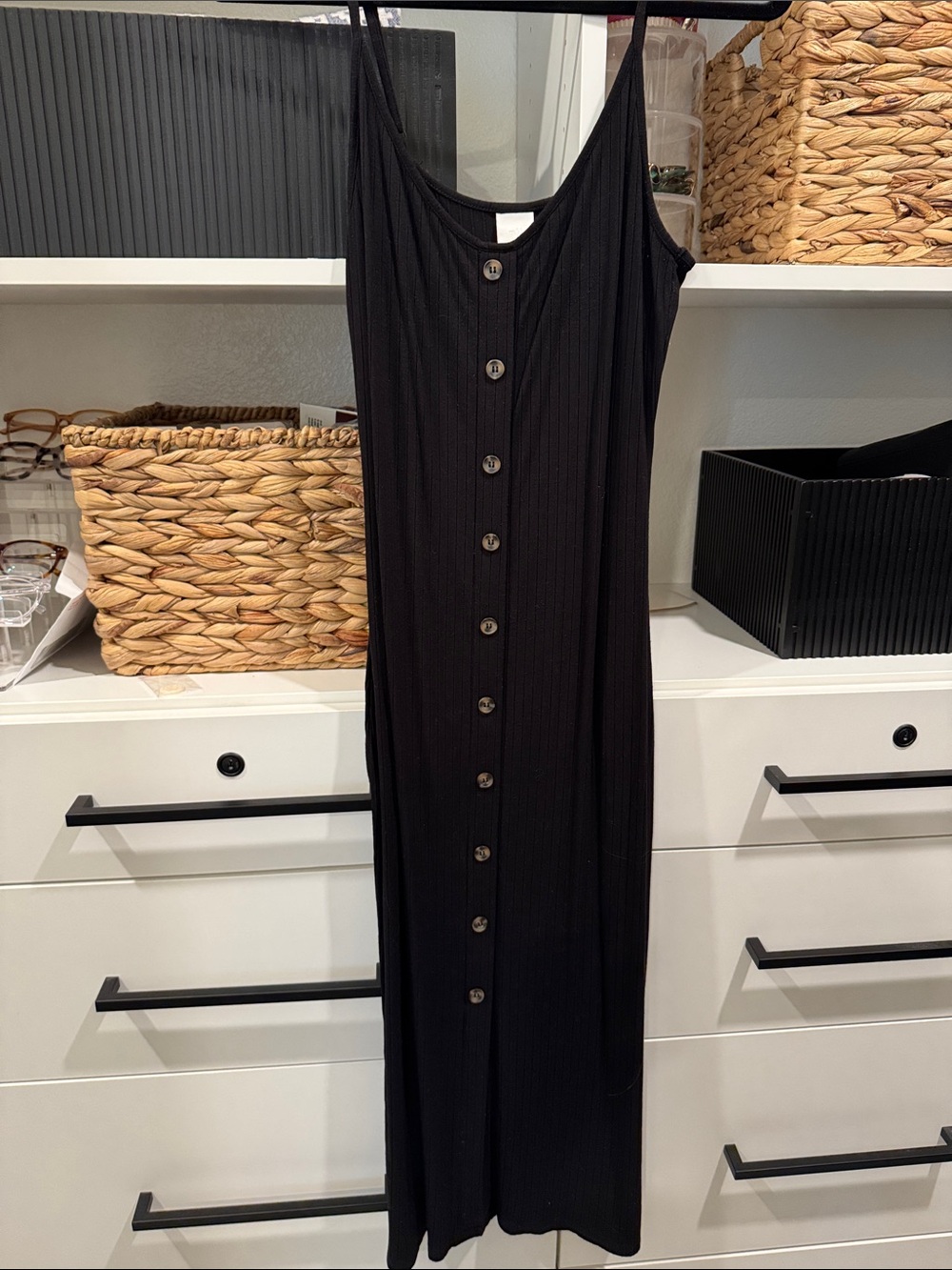 H&M Black Ribbed Button-Front Maxi Dress